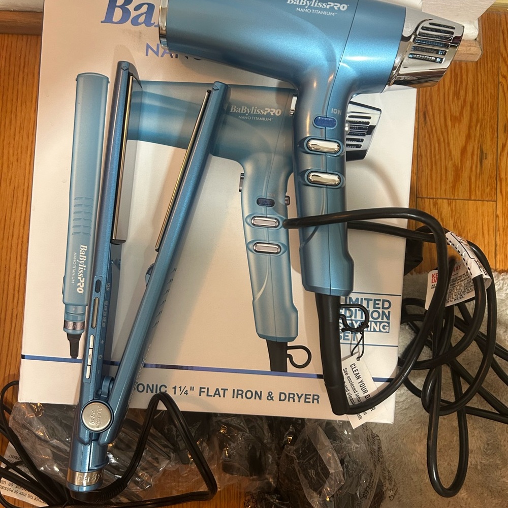 BaBylissPRO Nano Titanium Blue Hair Dryer and Flat Iron Set